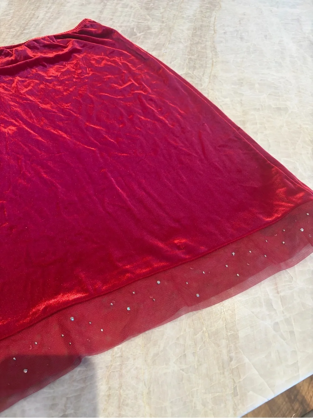 Y2K BCBG Max Azria Red Crushed Velvet Midi Skirt Size Small Rhinestone Mesh Hem
